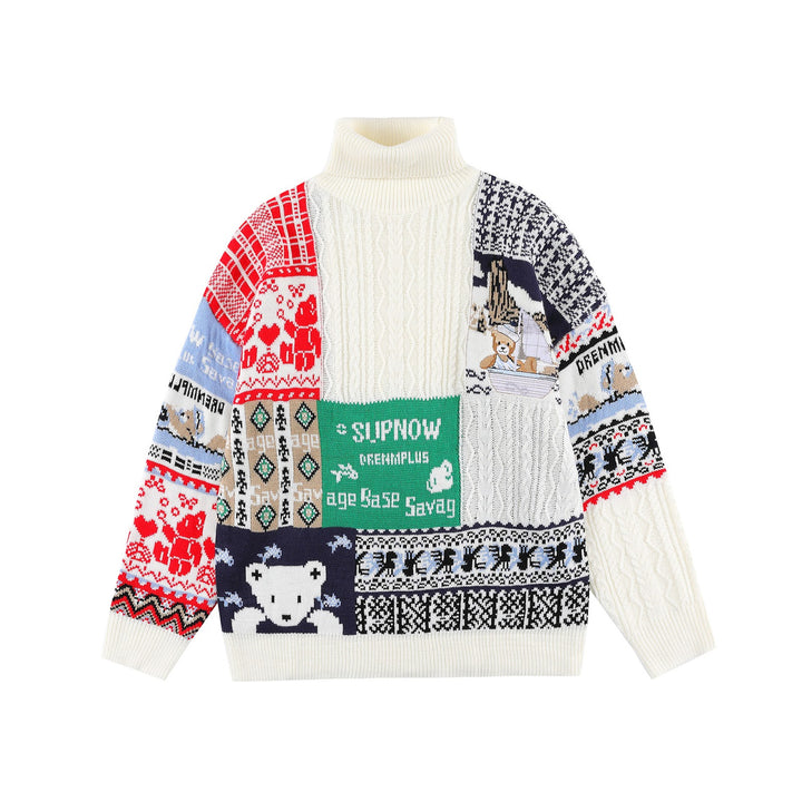 Retro knitted sweater with cable pattern and bear design