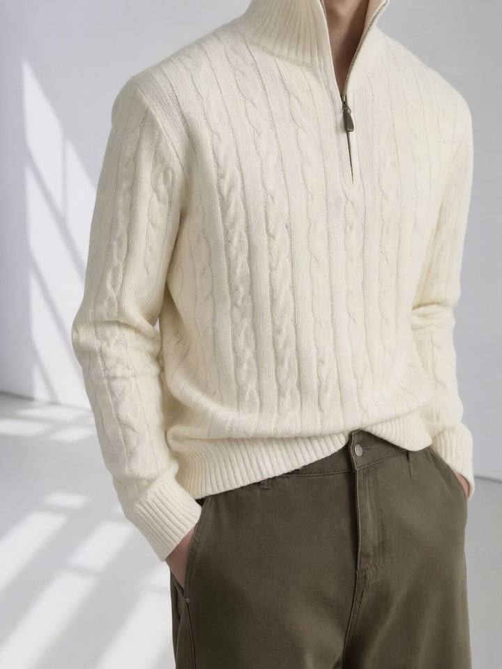 Men's Knit Sweater, Stand Collar with Zipper, Cable Pattern