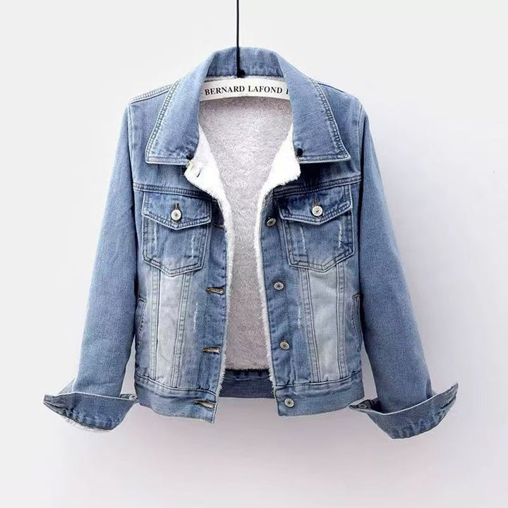 Padded denim jacket for women, short, with faux fur collar