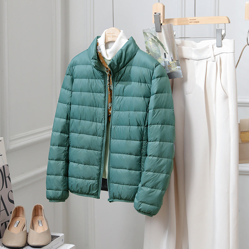 Light women's down jacket, stand-up collar, 90% duck down