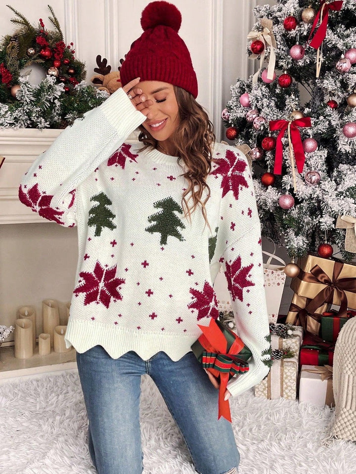 Women's knit sweater with round neck and floral pattern