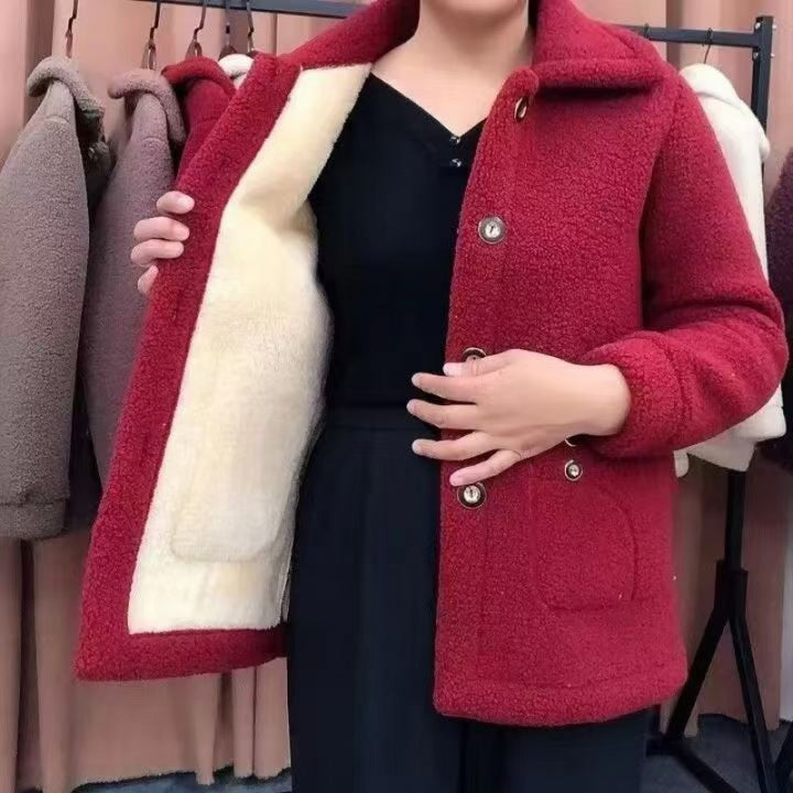 Lamb fleece coat, lined, mid-length, winter