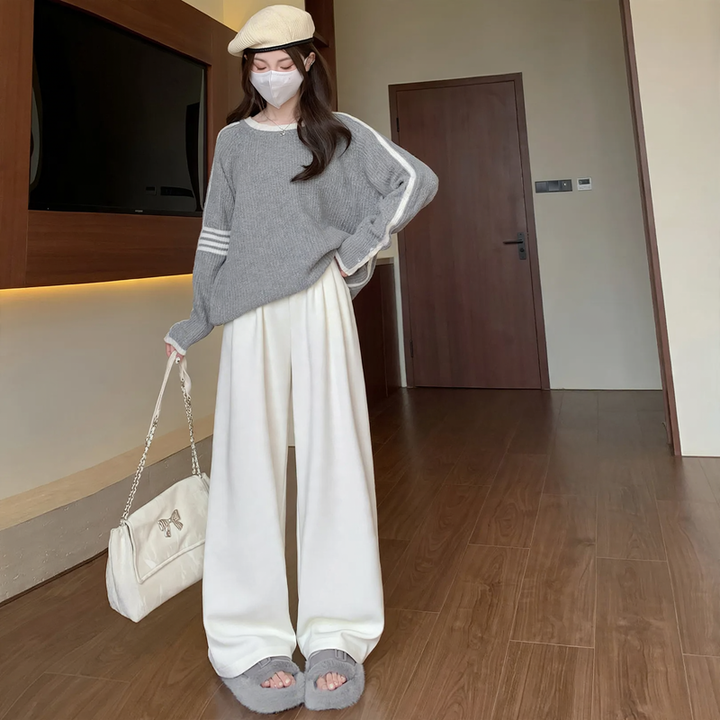 Padded corduroy knitted trousers with high waist