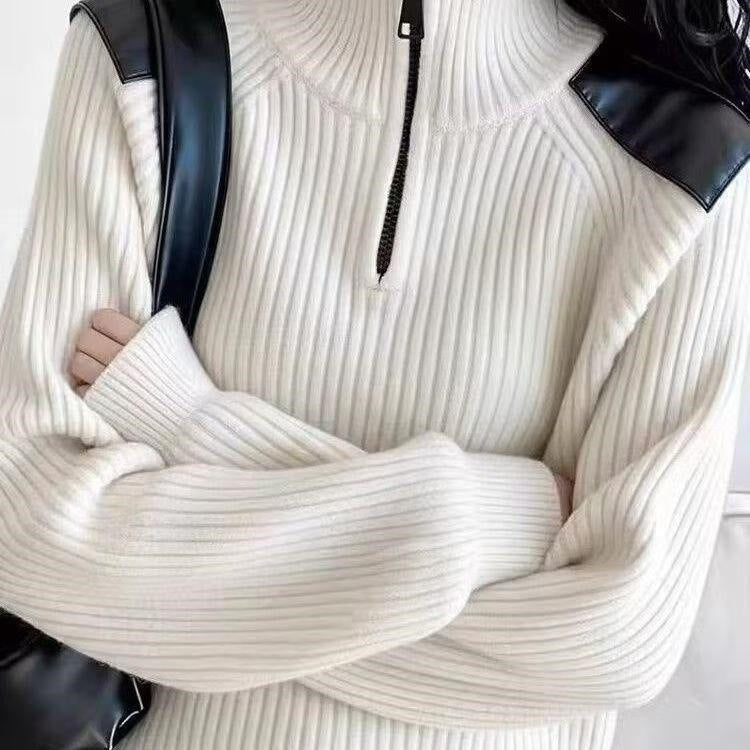 Women's knitted sweater with zipper and stand-up collar
