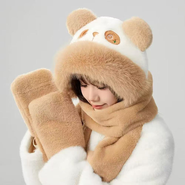 Plush hooded scarf with animal design, lined