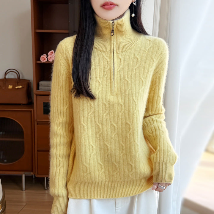 Women's wool pullover with zipper and cable pattern