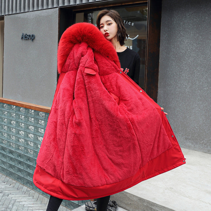 Padded parka with lamb fleece and fur collar for women