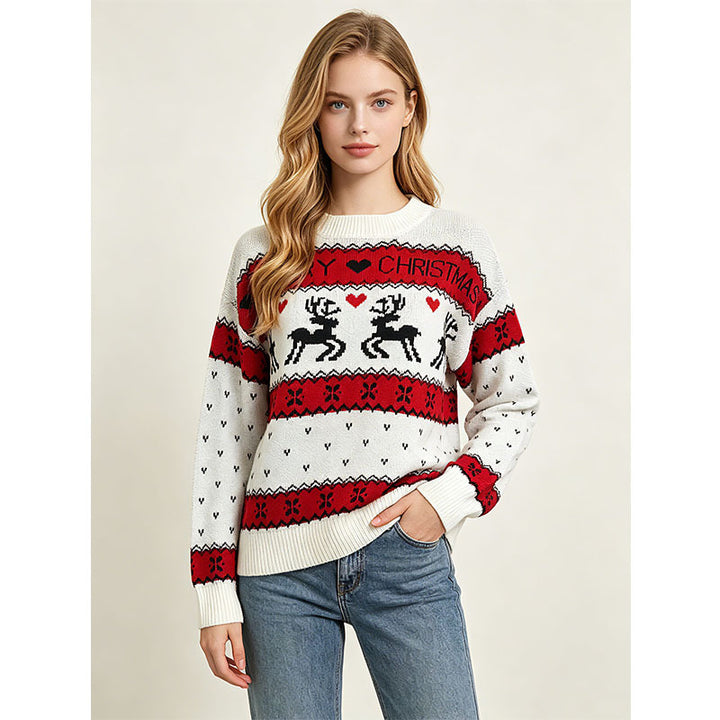Loose Women's Christmas Sweater with Reindeer Jacquard