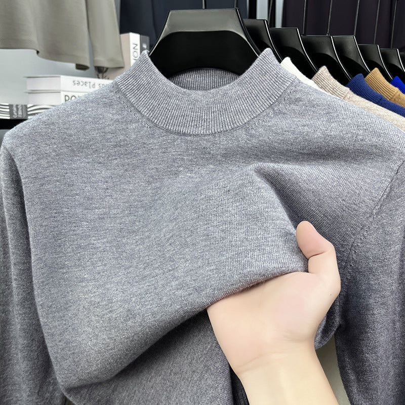 Men's wool pullover with stand-up collar, plain and warm