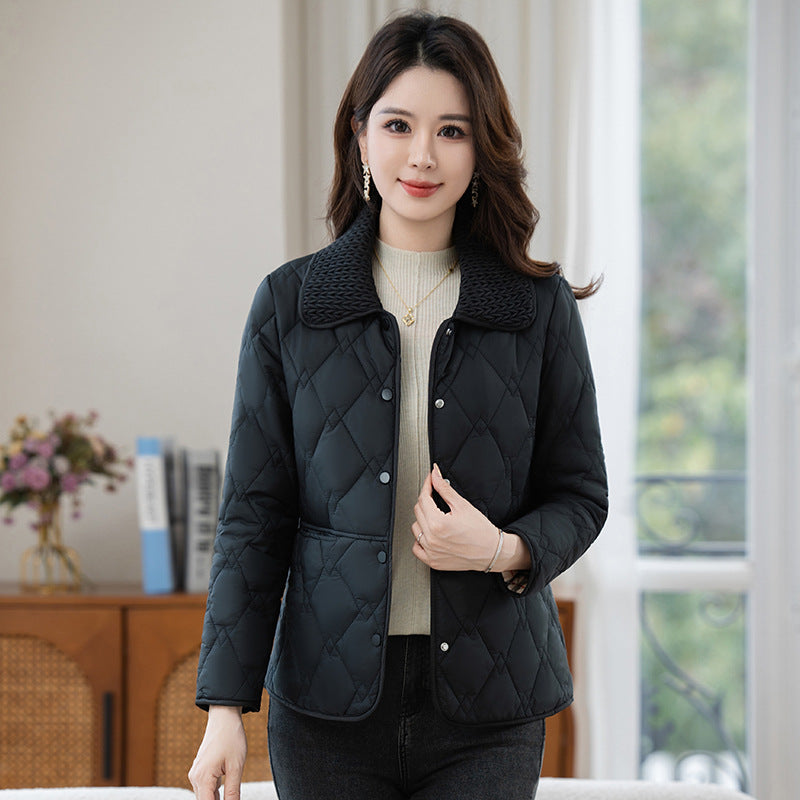 Light women's quilted jacket with lapel collar