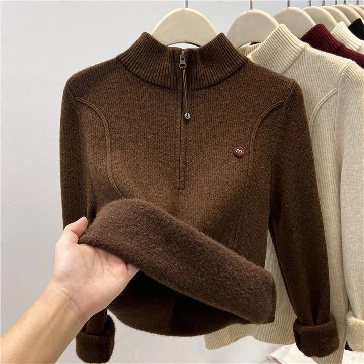 Women's knitted sweater with zipper and stand-up collar