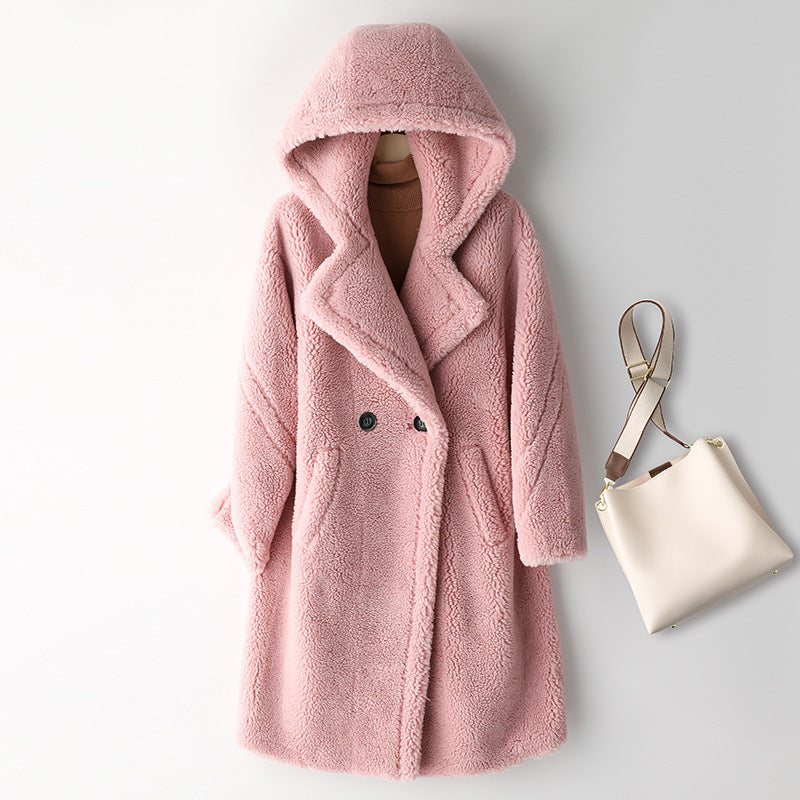 Long Teddy coat made of lambswool imitation for women