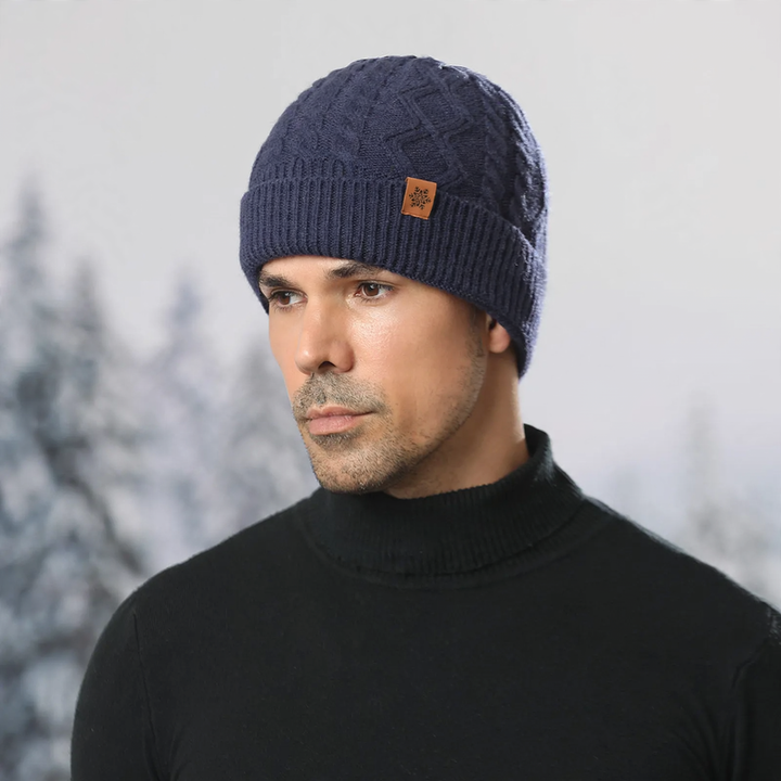 Knit set for men: beanie, scarf, and gloves