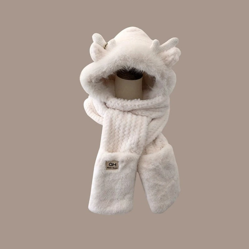 Women's Winter Set: Plush Hooded Hat with Scarf and Gloves