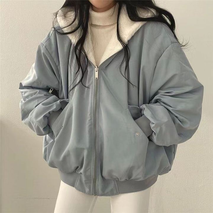 Reversible, padded hoodie with lambskin look