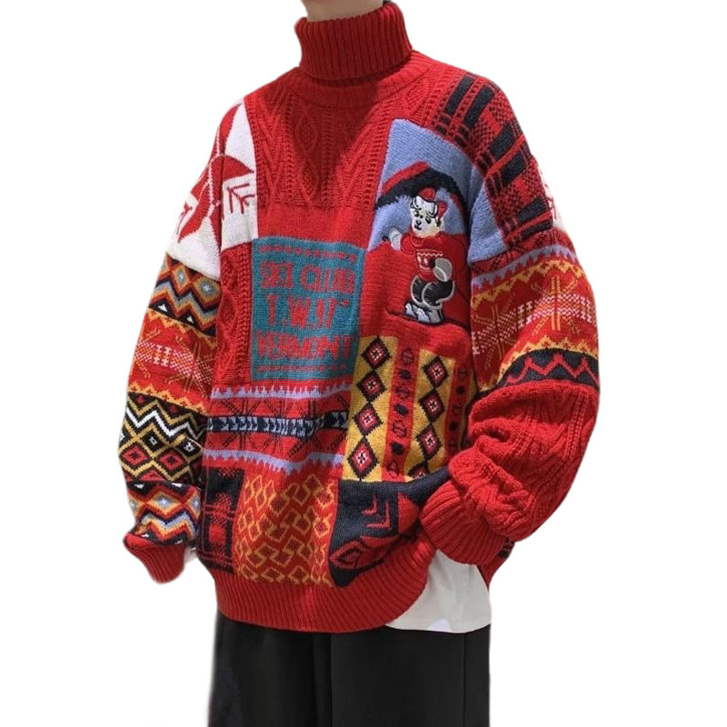 Men's knitted sweater with bear embroidery and stand-up collar