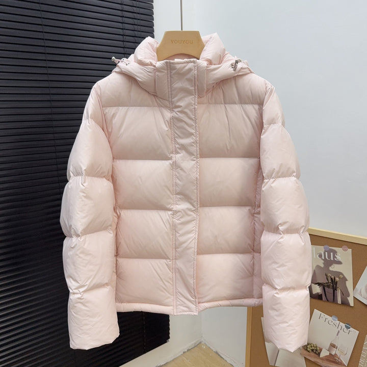 Short women's down jacket with removable hood