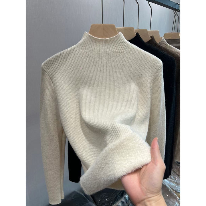 Ladies knitted sweater, lined, standing collar, warm