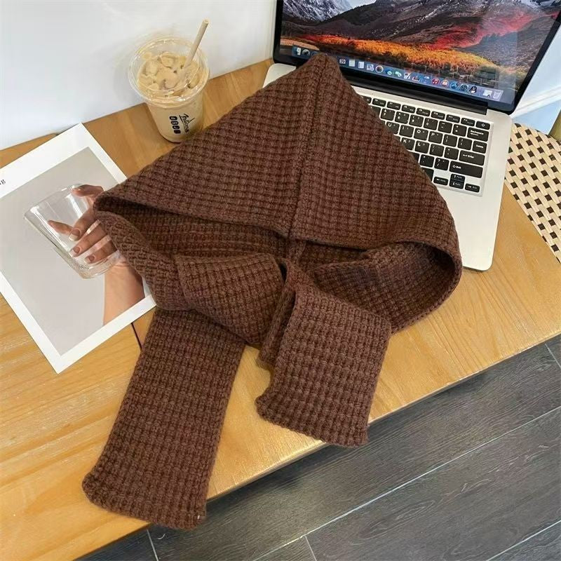 Knit hat with scarf, solid color, warm, 2-in-1 set