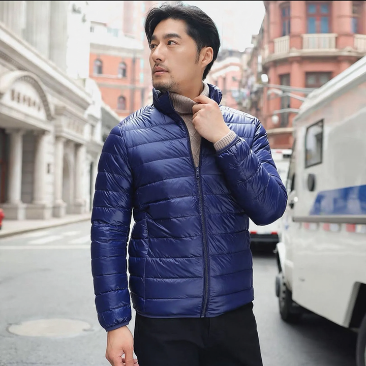 Light men's down jacket with hood, white duck down lining