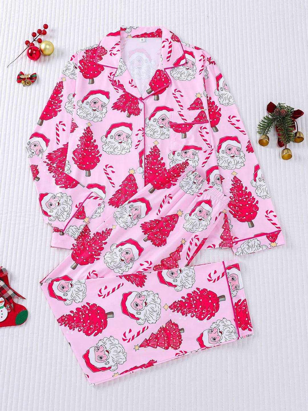 Women's Pajama Set, Long Sleeve, Christmas Motif, Notched Collar