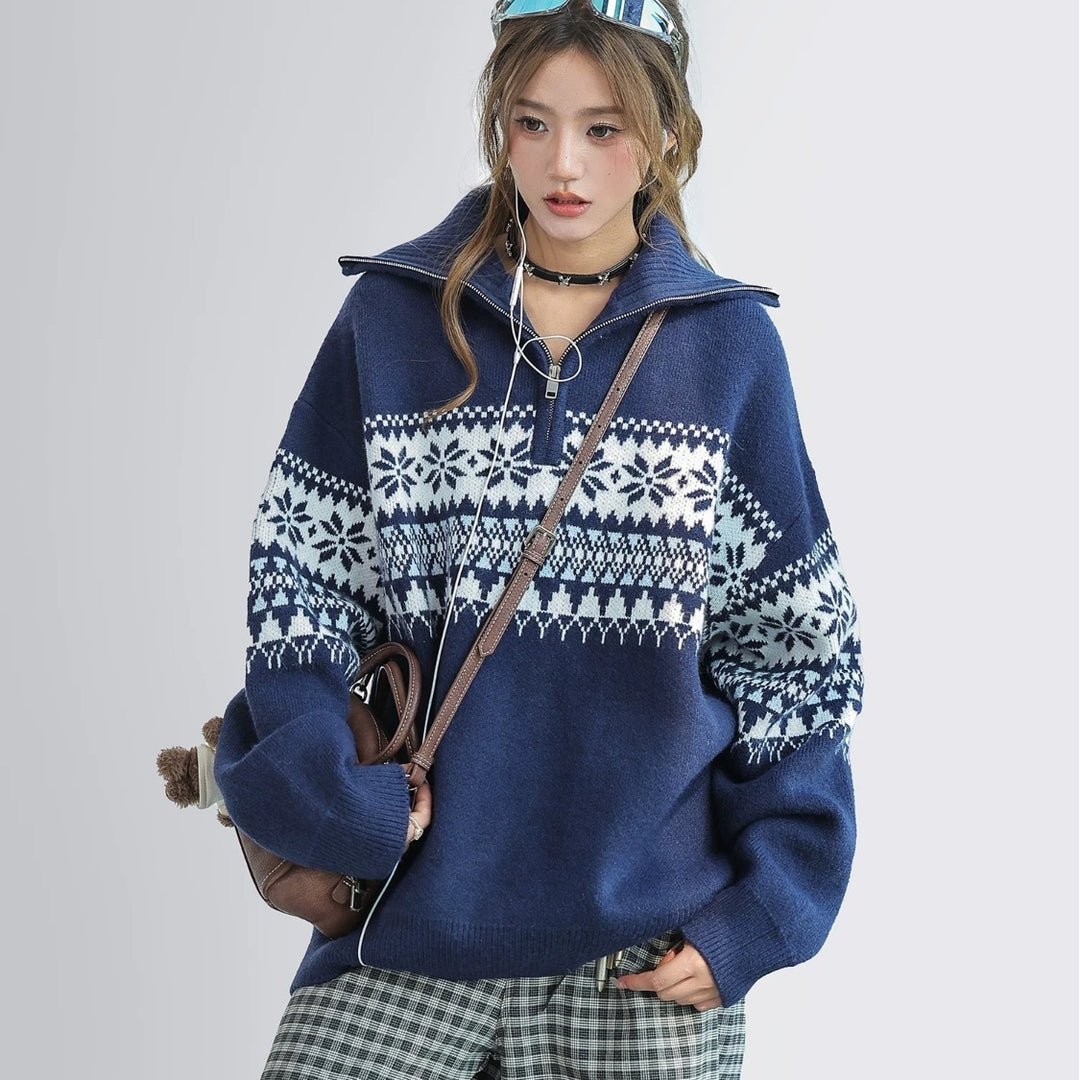 Women's Knit Sweater with Zipper and Collar