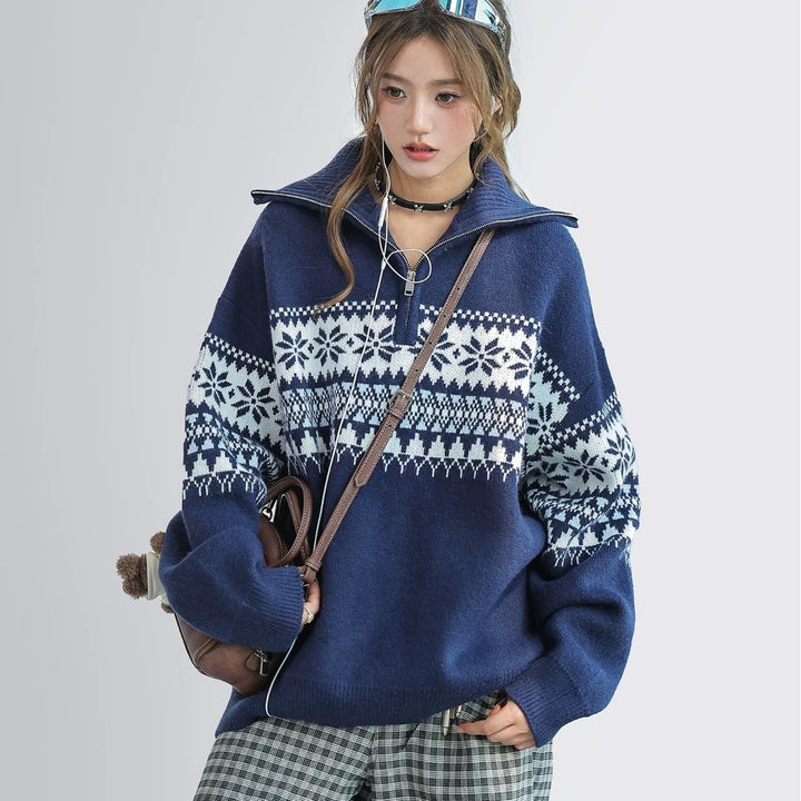 Women's Knit Sweater with Zipper and Collar