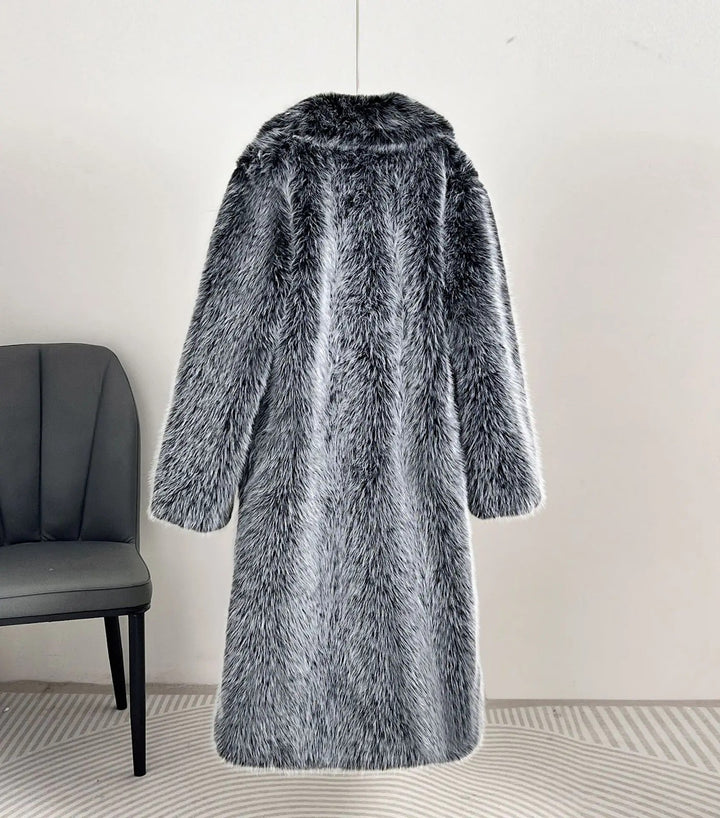 Long faux fur coat with lapels for women