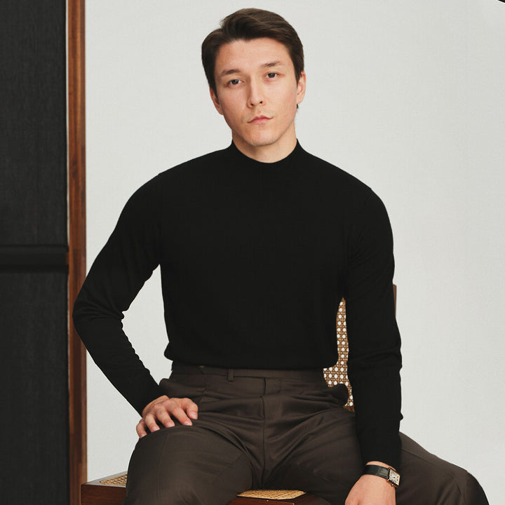 Men's knitted pullover, machine washable, stand-up collar