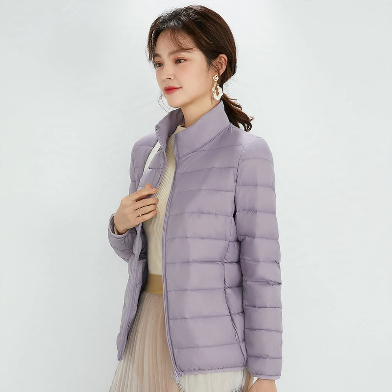 Light women's down jacket with stand-up collar, white duck down