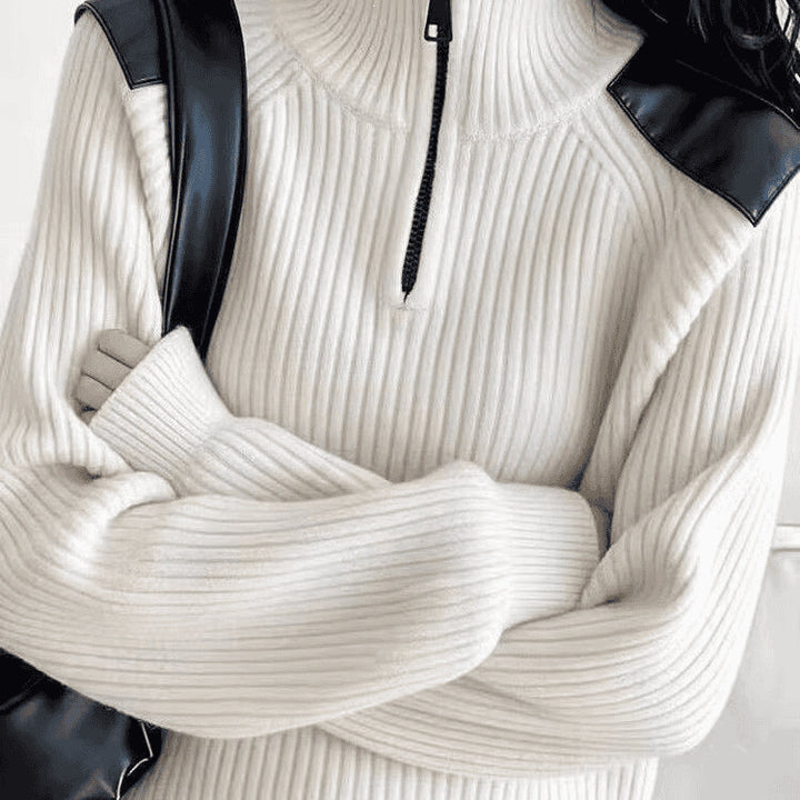 Women's knitted sweater with zipper and stand-up collar