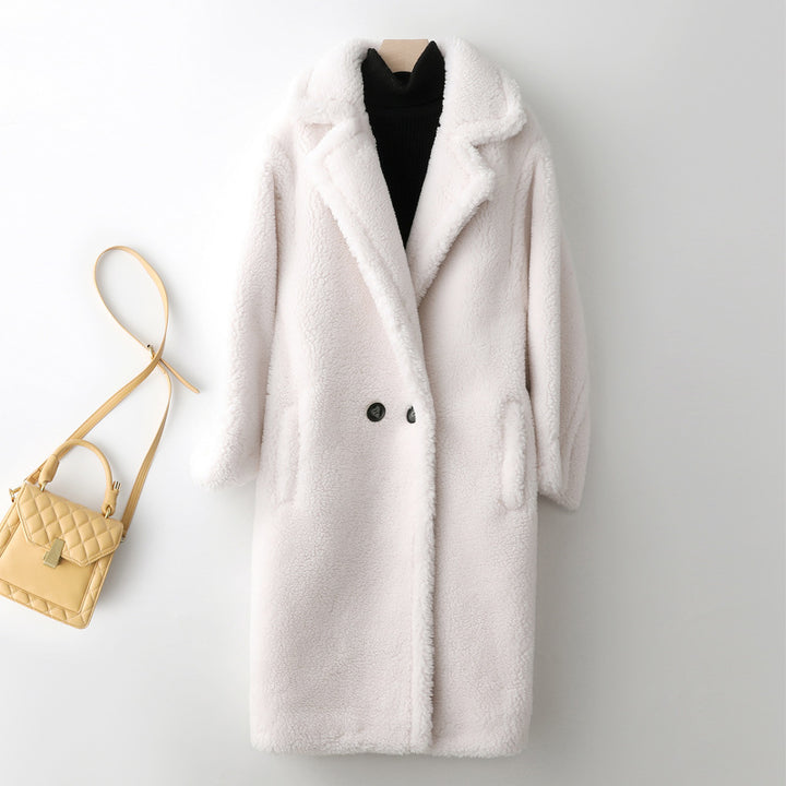 Long Teddy coat made of lambswool imitation for women