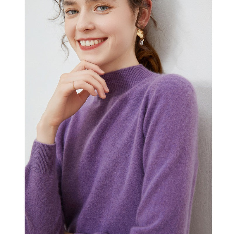 Women’s wool sweater, stand-up collar, ribbed knit, loose fit