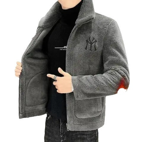 Men's jacket with lambskin look, padded, stand-up collar