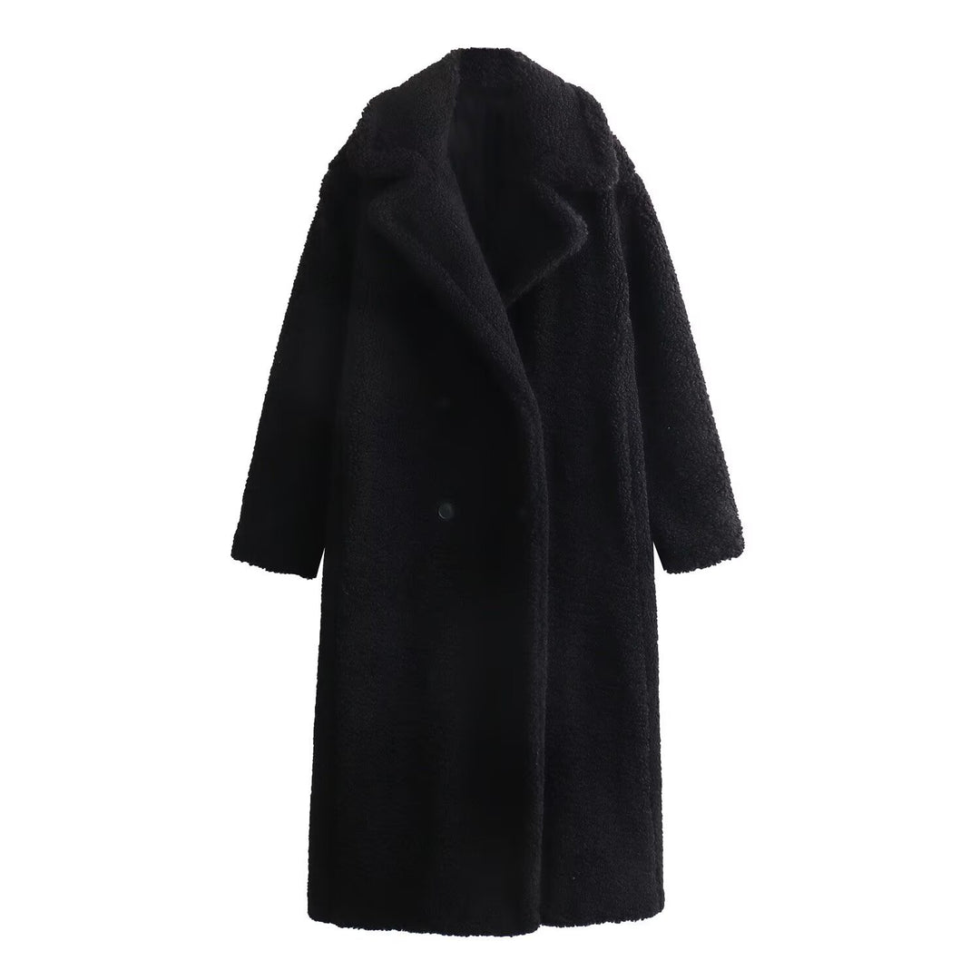 Long Lamb Fleece Coat with Lapel for Women