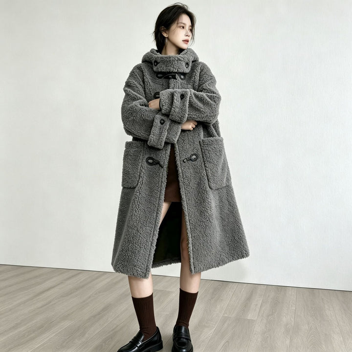 Long lamb fleece imitation coat with hood