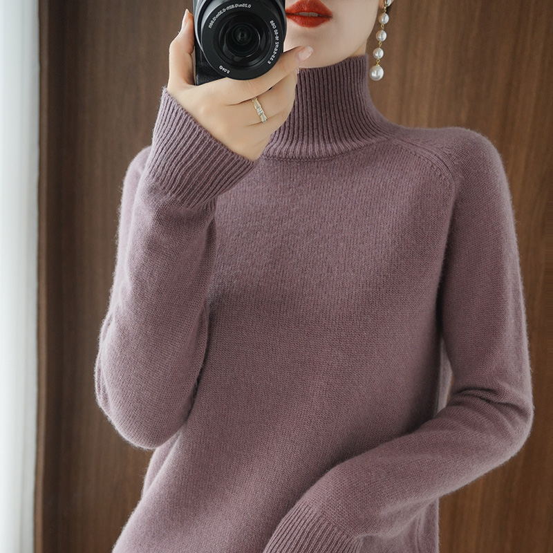 Women's knitted sweater, high collar, solid color, loose