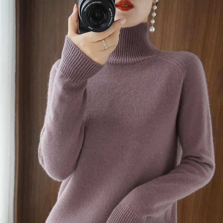 Women's knitted sweater, high collar, solid color, loose
