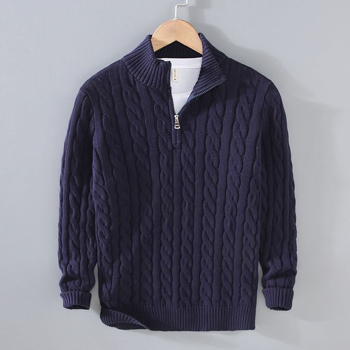 Men's knitted pullover with zipper and stand-up collar