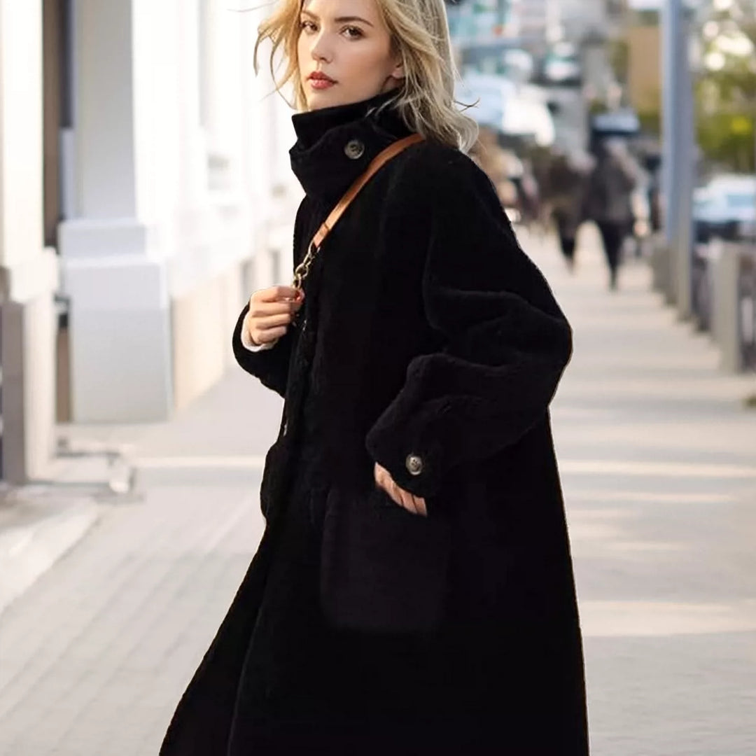 Women's coat made of faux lamb fur, mid-length, casual