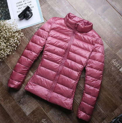 Short women's down jacket, white duck down lining, stand collar