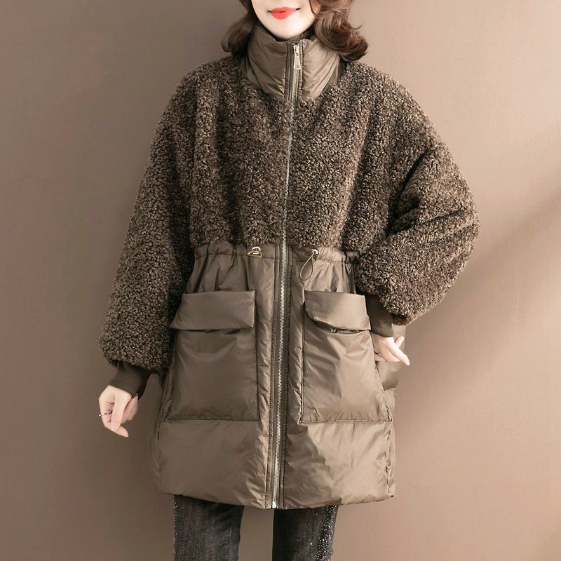 Women’s winter coat, mid-length, with lambskin imitation details