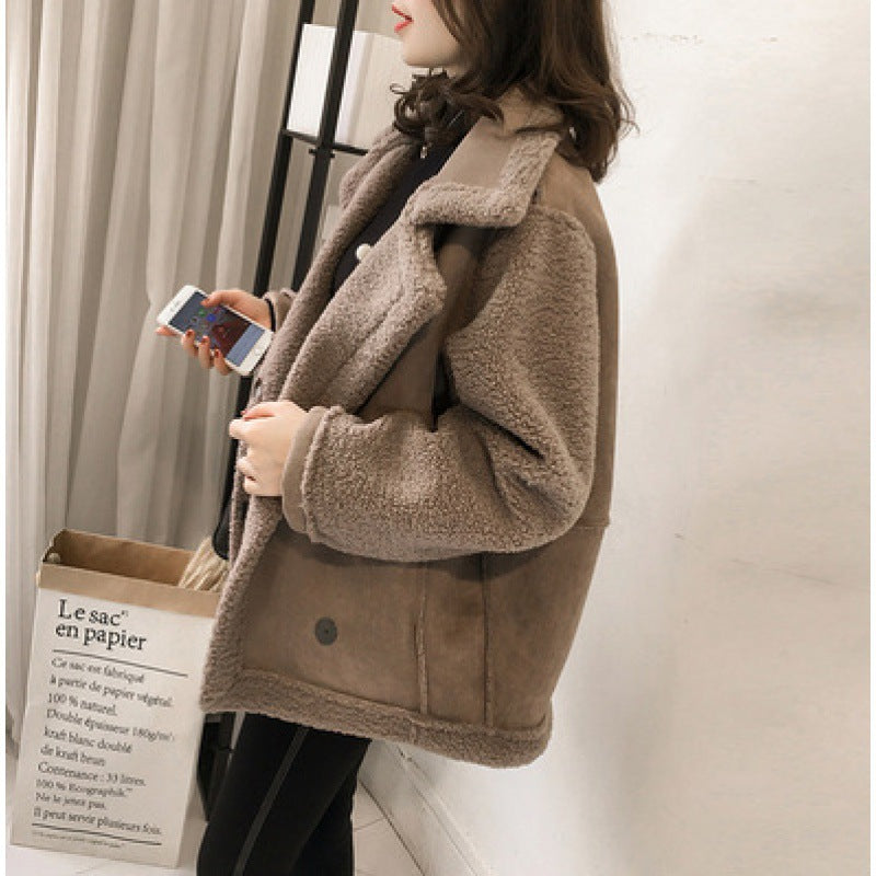 Casual biker jacket made of suede imitation with lamb fleece