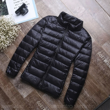 Short women's down jacket, white duck down lining, stand collar