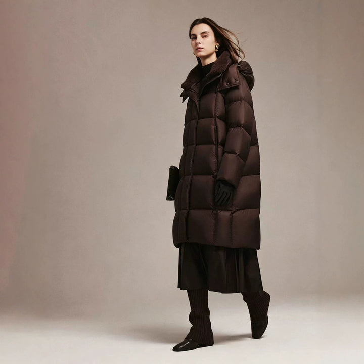 Long women's down coat with lambskin collar