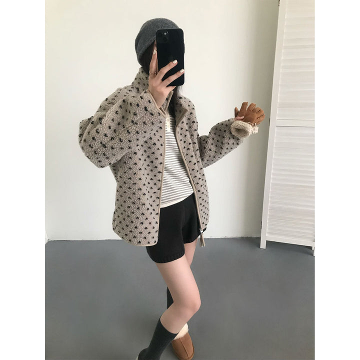 Dotted lamb fleece jacket with zipper