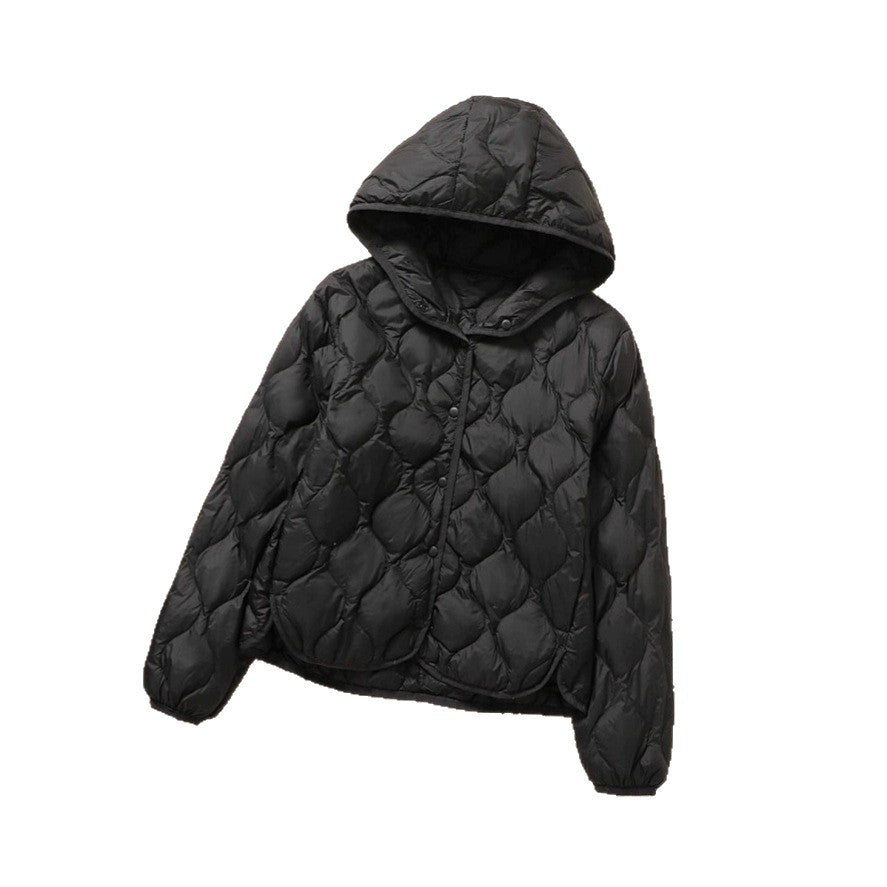 Light women's down jacket, short, with hood