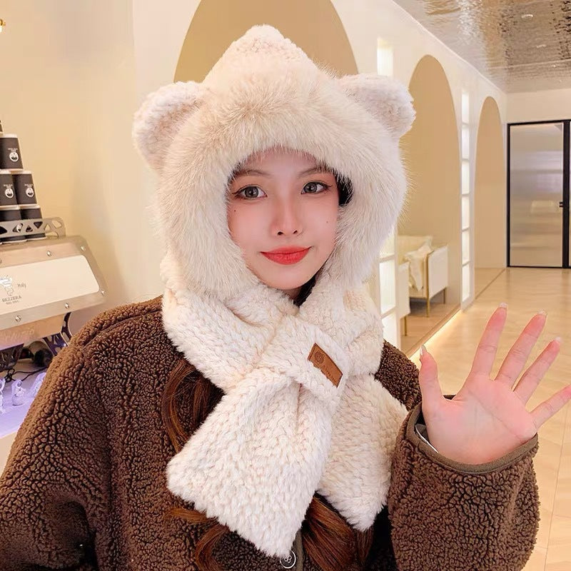 Fluffy Bear Set: Hat with Ear Protection and Scarf