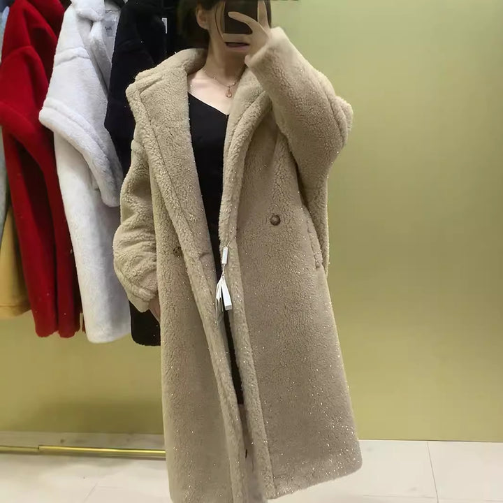 Teddy Coat with Gloss Effect, Mid-Length, Women's