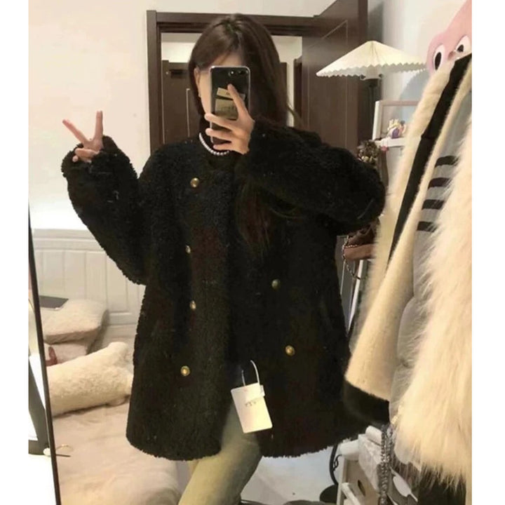Padded lamb fleece jacket for women, double-breasted